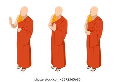 Monjes budistas isométricos Religión y sus representantes aislados en el fondo blanco. Religión y sus representantes