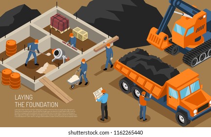 Isometric builder architect horizontal composition with view of construction site at early phase with editable text vector illustration