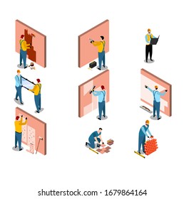 Isometric builder architect set with building worker characters vector illustration isolated on white. People builds, lay tiles, bricks, wallpapering, glass window with brush, drill, wallpaper, roller