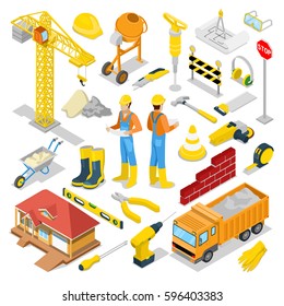 Isometric Builder with Construction Instruments and Crane. Vector 3d flat illustration