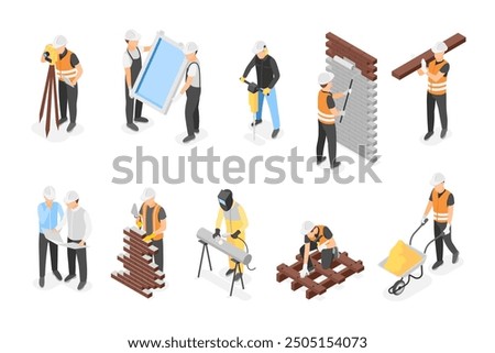 Isometric builders. Construction workers painting wall carry window, measure space, do bricks laying and welding pipe, flawless vector set