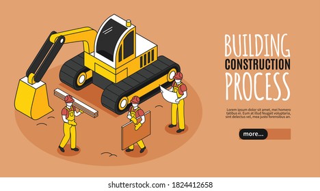 Isometric builders horizontal banner with image of bulldozer surrounded by group of workers with editable text vector illustration