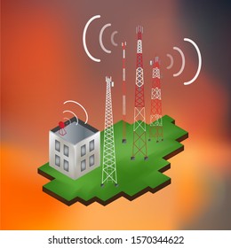 Isometric Of Building And And 5g Antenna Tower Sets. Telecommunications Background.