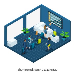 Isometric building of the airport passengers with luggage, pass passport control in a large bright room, vector illustration with emotional characters