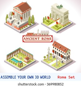 Isometric Building Ancient Rome landmark Tile Online Strategic Android video Game Development. Isometric Flat Roman house Building Set. Rome Caesar emperor palace vector Temple Empire Icon Collection