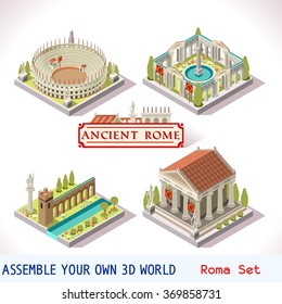 Isometric Building Ancient Rome Tile Online Strategic Game Development. Flat 3D Roman Imperial Building Set. Gladiator Android Video Game Isometric Rome Caesar Age. Vector Temple Arena Empire Icon 3d