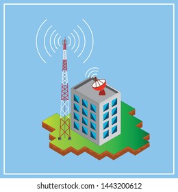 Isometric Of Building And Antenna Tower. Communication Texture. 