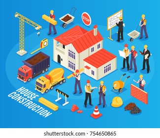 Isometric building background with figures of housebuilder workers and engineers transport construction materials and ready house vector illustration