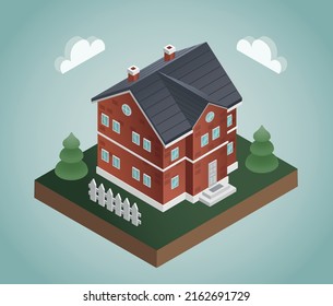 Isometric  building. Big 3d two stored house with a gable roof and white fence. 