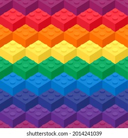 Isometric Building Block Bricks Toy Like Lego For Children, Seamless Vector Pattern Colorful Background . Brick Toy Design Seamless For Fashion, Fabric, Print And Wallpaper. Rainbow LGBT