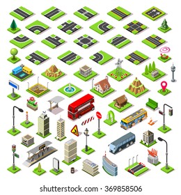 Isometric Building Block. Road Street Game Tile. Isometric icon infographic concept set. Building City map Urban Furniture Element Traffic Flat 3d skyscraper Building Vehicle bus Vector set collection