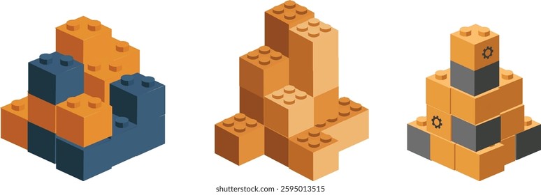 Isometric Building Blocks Vector Set. Colorful 3D toy blocks for kids play, construction. Editable vector illustrations