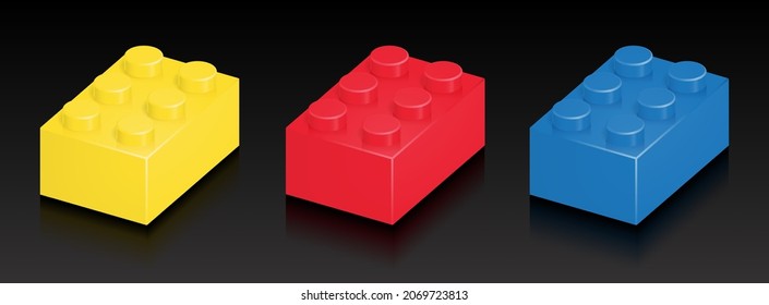 Isometric building brick block plastic toys for children. 3d Primary color bricks toy isolated on black background. Part and piece for decorative design and creative. vector illustration