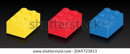 Isometric building brick block plastic toys for children. 3d Primary color bricks toy isolated on black background. Part and piece for decorative design and creative. vector illustration