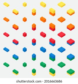 Isometric building brick block toys 3d isometric icon for children. Colorful bricks toy isolated on background. Part and piece for kid decoration party, fun game, wallpaper. vector illustration