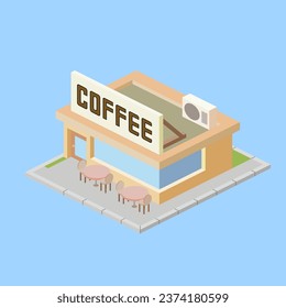 Construcción isométrica de una cafetería, ilustración vectorial.
