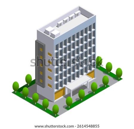 Isometric building. Can be used to represent apartment, hotel, office, bank, hospital, school, university, store. Isolated vector for banner, poster, presentation, infographic, website, apps, maps. 