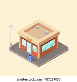 Isometric Building City Elements. Shop. City Flat 3d isometric style web site vector illustration.