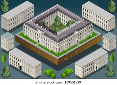 Isometric Building City Palace Private Real Estate. Public Buildings Collection Luxury Hotel Gardens. Isometric Building Tiles.3d Urban Buildings Map Illustration Elements Set Infographic Vector Game