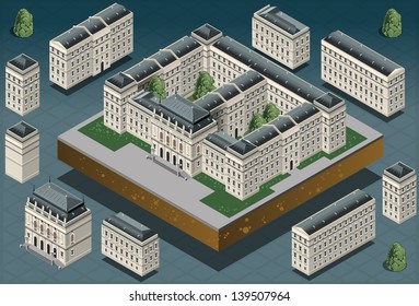 Isometric Building City Palace Private Real Estate. Public Buildings Collection Luxury Hotel Gardens. Isometric Building Tiles.3d Urban Buildings Map Illustration Elements Set Infographic Vector Game