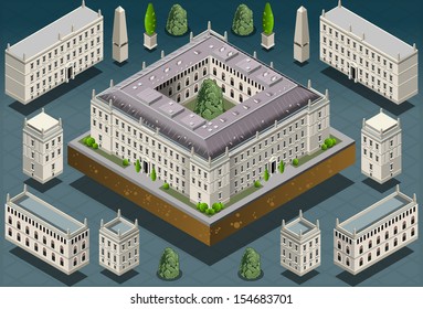 Isometric Building City Palace Private Real Estate. Public Buildings Collection Luxury Hotel Gardens. Isometric Building Tiles.3d Urban Buildings Map Illustration Elements Set Infographic Vector Game