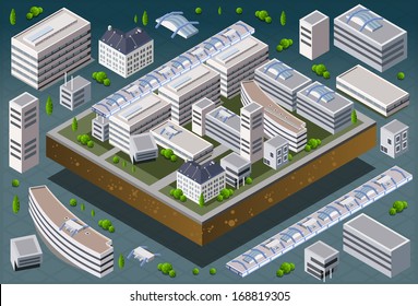 Isometric Building City Palace Private Real Estate. Public Buildings Collection Luxury Hotel Gardens. Isometric Building Tiles.3d Urban Buildings Map Illustration Elements Set Infographic Vector Game