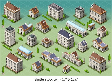 Isometric Building City Palace Private Real Estate. Public Buildings House Collection Hotel Gardens. Isometric Building Tiles. 3d House Buildings Icon Illustration Elements Set Infographic Vector Game