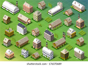 Isometric Building City Palace Private Real Estate.Public Buildings Collection Luxury Hotel Gardens. Isometric Building Tiles. Green Spring Buildings Map Illustration Elements Set Business Vector Game