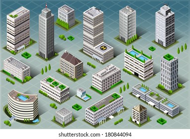 Isometric Building City Palace Private Real Estate.Public Buildings Collection Luxury Hotel Gardens. Isometric Building Tiles.3d Skyscraper Buildings Map Illustration Elements Set Business Vector Game