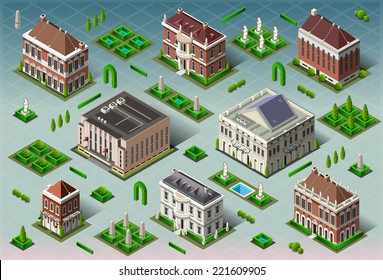 Isometric Building City Palace Private Real Estate. Town Buildings Collection Set House Hotel Gardens. Isometric Building Tiles 3d Urban Buildings Map Illustration Elements Set Infographic Vector Game