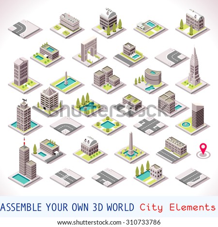 Isometric Building City Palace Private Real Estate. Public Buildings Collection Luxury Hotel Gardens. Isometric Tiles.3d Skyscraper Building Map Illustration Elements Set Business Vector Game Icons