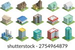 Isometric building collection featuring houses, offices, apartments, warehouses, hospitals, industrial facilities, urban architecture vector design