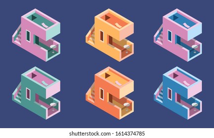 isometric building collection. small little twoo floor flat with pastel color's.