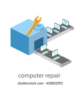 isometric  building of computer repair. broken computers come for repairs. Flat 3D illustration. 