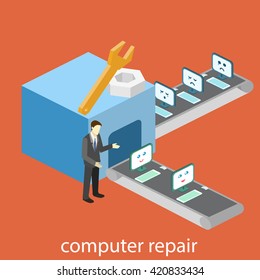 isometric building of computer repair. broken computers come for repairs. Flat 3D illustration. 