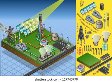 Isometric Building Concentrating Solar Power Systems CSP Plant Farms Isometric Electric Power Station Electricity Grid And Energy Supply Chain.Energy Harvesting And Saving Management Diagram 3d Vector