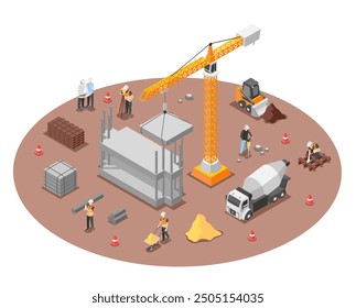 Isometric building construction. 3d scene of workers and special transport, bulldozer and truck crane. Build yard ground, flawless vector scene