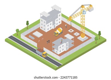 Isometric building construction with crane, equipment, construction machines and builders. Vector illustration