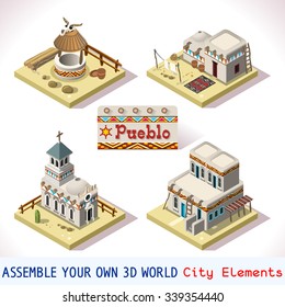 Isometric Building desert indian Rural Pueblo world. Android video game Basic Set Tile Mexican Building. 3D Flat Vector Icon Set. Rural Arizona Mexico south America Building Isolated Collection