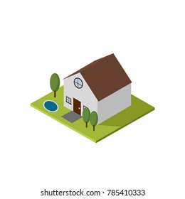Isometric building design vector that contain house, tree and environment around the house. 
