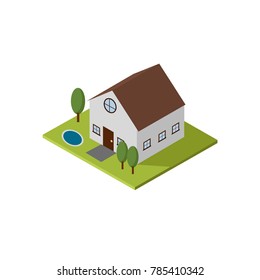 Isometric building design vector that contain house, tree and environment around the house. 