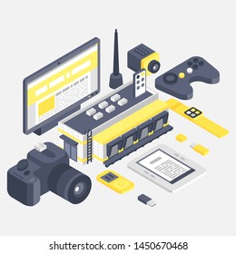 Isometric building with different technologies banner vector illustration. Gadgets such as photo camera, computer, e-book, electronic watch, music player, joystick, flash drive.