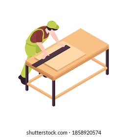 Isometric building engineering outline composition with worker measuring sawn timber plank vector illustration