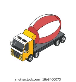 Composición del contorno de la ingeniería de construcción isométrica con la imagen de la ilustración del vector del camión mezclador de hormigón