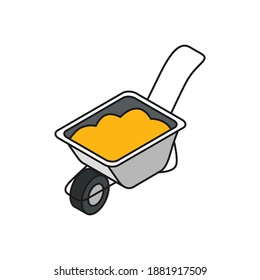 Isometric building engineering outline composition with image of hand truck with single wheel vector illustration
