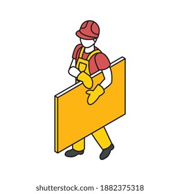 Isometric building engineering outline composition with human character of worker with plank vector illustration