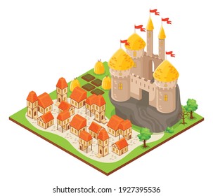 Isometric building of fantasy castle on rock city houses and field 3d vector illustration