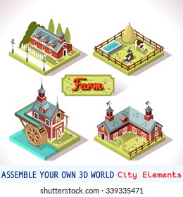 Isometric Building Farm Element Set. Rural Farm City Map Tile. 3D Flat Ville Building Icon Set. Rural Farmland American isometric Building Isolated android video game Vector Collection Village Country