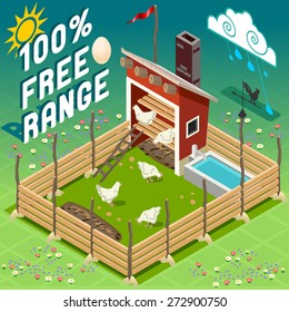 Isometric Building Farm Elements Set. Rural Farm City Map Tiles 3D Flat Ville Building Icon Set. Agriculture Rural Spring Farmland Building Isolated Vector. Henhouse with Chicken 100% Free Range