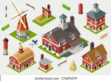 Isometric Building Farm Elements Set. Rural Farm City Map Tiles 3D Flat Ville Building Icon Set. Agriculture Rural Spring Farmland American Building Isolated Vector Collection. Western Village Country